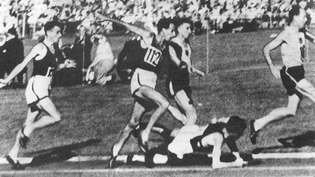 Act of chivalry: Olympic Park's iconic moment came in 1956, during the Australian mile championship, when John Landy famously stopped to help fallen rival Ron Clarke, and still won.
