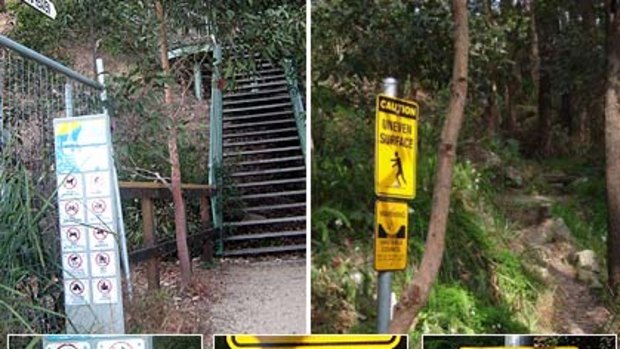 Left ... the "Stairway to Heaven" sign at Palm Beach warning that no cats, dogs, horses, cars, bikes, motorbikes, rubbish, alcohol, fires or tents should be taken up the steps to the reserve. Right, the "Unstable Council" sign put up in Hornsby after the council erected an "uneven surface" sign instead of fix the path.