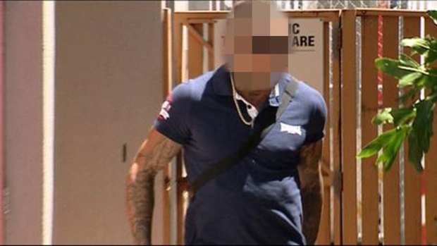 Alleged Rebels bikie Lorne James Campbell leaving Maroochydore Magistrates Court on Tuesday. Photo: Seven News.