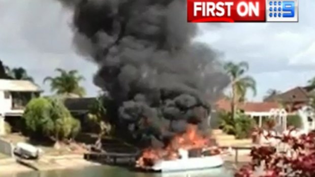 The boat which burst into flames on the Gold Coast. Photo: Nine News.