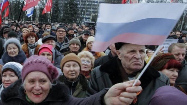 Pro-Russian demonstrators take part in a rally in Odessa.