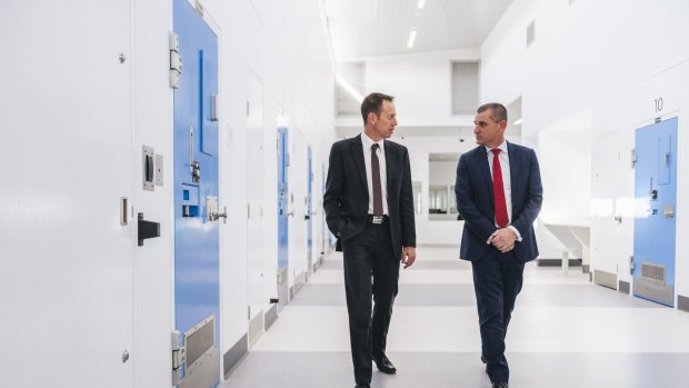 ACT Corrections Minister Shane Rattenbury and custodial operations manager Don Taylor inside the special care unit at the Alexander Maconochie Centre. 