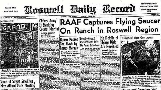 Front page of the Roswell Daily Record July 8 1947, alleging the RAAF captured a flying disk, or UFO, on a country ranch.