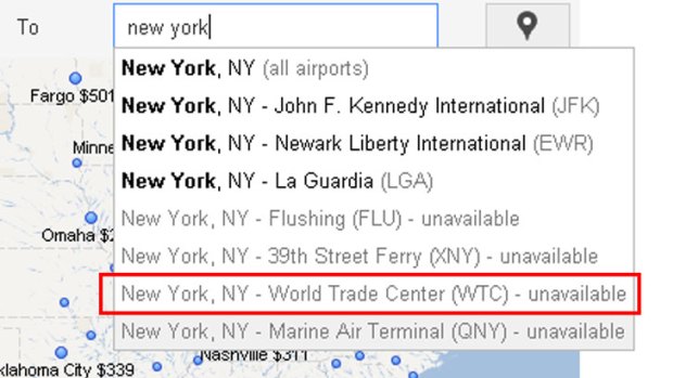 Google's new flight search suggest flights to New York's World Trade Center.
