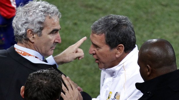 Raymond Domenech after the match with South African counterpart Carlos Alberto Parreira.