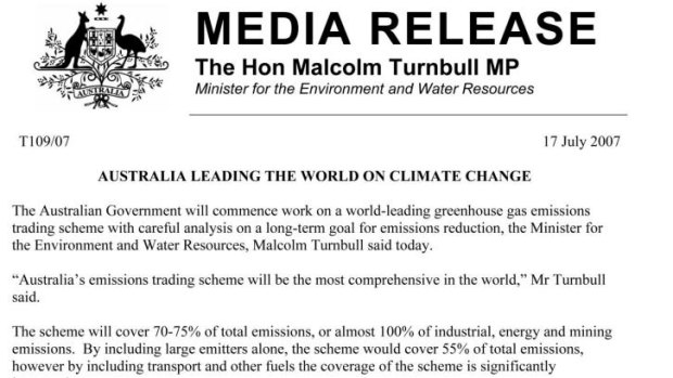 Media release from the then environment minister, Malcolm Turnbull, on July 27, 2007.