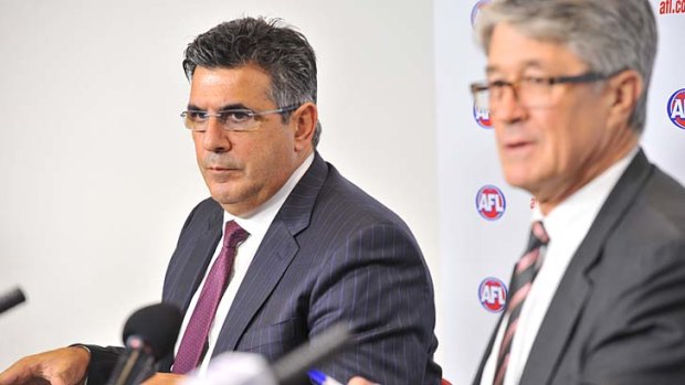 AFL chief executive Andrew Demetriou and chairman Mike Fitzpatrick announce the deal with Essendon.