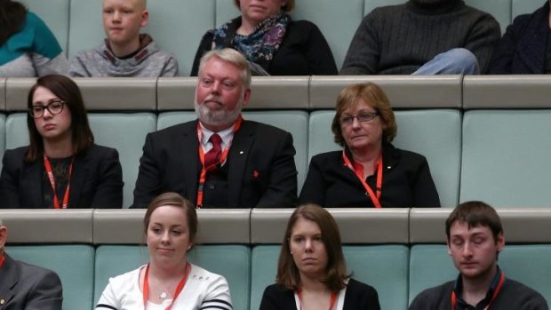 Bruce and Denise Morcombe are welcomed to question time by Speaker Bronwyn Bishop during their visit in July.