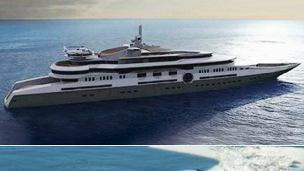 Roman Abramovich's $US1.2 billion mega-yacht, top, and the miniature submarine it houses.
