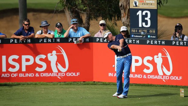 Peter Hedblom of Sweden tees off on the 13th hole during day two of the Perth International at Lake Karrinyup Country Club in Perth.