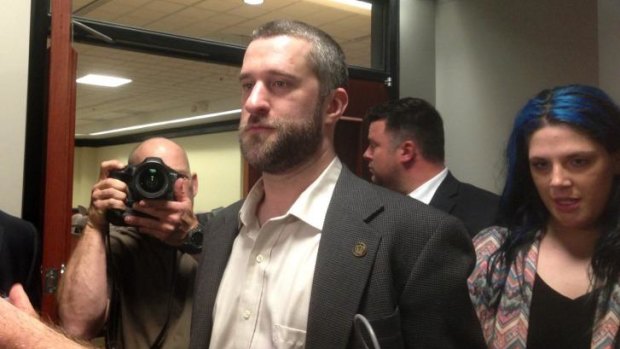 Television actor Dustin Diamond, centre, leaves court in Port Washington, Wisconsin, after being convicted of two misdemeanors stemming from a barroom fight on Christmas Day, 2014. 