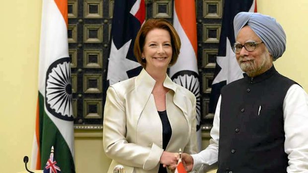 Prime Minister Julia Gillard with Indian Prime Minister Manmohan Singh in Delhi last October.