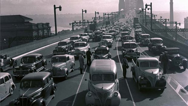 Traffic on the Sydney Harbour Bridge in 1948.