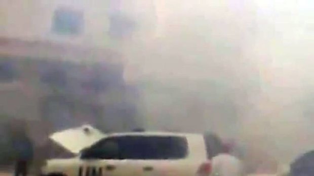 An image grab from video footage uploaded on May 15, 2012 allegedly shows a UN observers convoy seconds after a roadside bomb exploded in front of it in Khan Sheikhun, Syria.