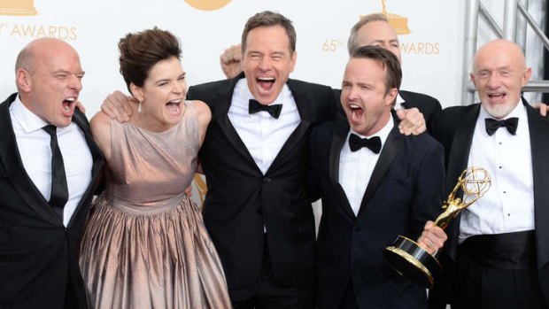Actors Dean Norris, Betsy Brandt, Bryan Cranston, Aaron Paul, Bob Odenkirk and Jonathan Banks celebrate the Best Drama Series Emmy for <i>Breaking Bad</i>.