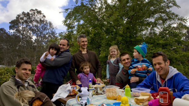 Enjoying lunchtime chaos at Wombat Bend are members of the Northern Dads playgroup, including Dan (far right) and Simon (centre).