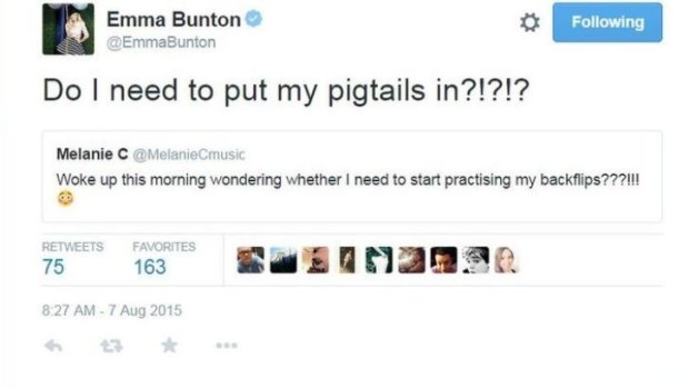 Emma 'Baby Spice' Bunton and Mel 'Sporty Spice' Chisholm banter on Twitter about a possible reunion.
