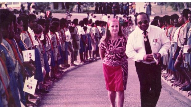 Sir Buri Kidu and Lady Carol Kidu celebrate PNG's 10th anniversary of independence, 1985.  The Age. Photo supplied by Carol Kidu via Jo Chandler