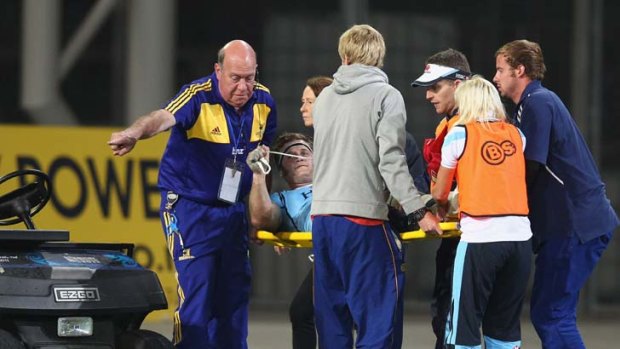 That hurts &#8230; Pat McCutcheon is stretchered from the field in Dunedin on Saturday night.