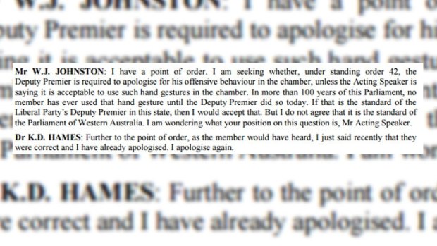 Excerpt from Hansard of then-deputy premier Kim Hames apologising to WA Parliament for an obscene hand gesture