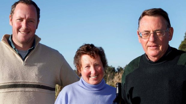 Victorious ... winemaker Nick Paterson with Mistletoe owners Gwen and Ken Sloan.