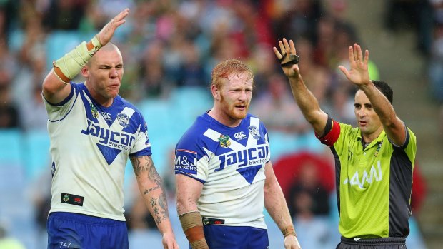 Marching orders: David Klemmer of the Bulldogs reacts after being sent to the sin bin for dissent in a Bulldogs clash with South Sydney in 2015.