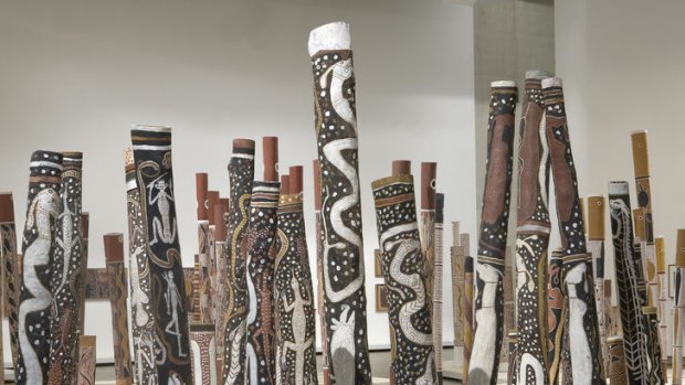 Indigenous loss ... the 200 decorated hollow log coffins in the Aboriginal Memorial at the National Gallery of Australia.