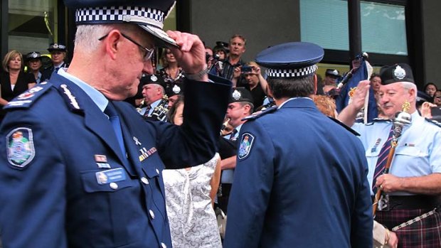 Outgoing police commissioner Bob Atkinson, with his replacement Ian Stewart.