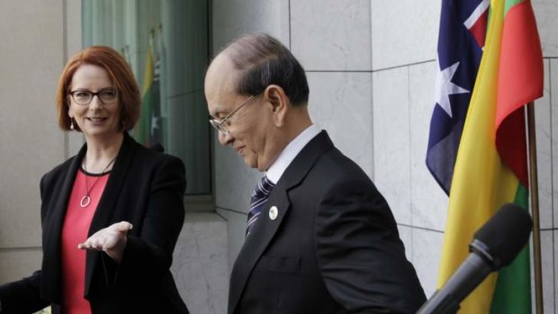 Prime Minister Julia Gillard during a press conference with Thein Sein, President of Myanmar.