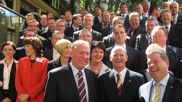Campbell Newman gathers for a photo with LNP candidates earlier this month.