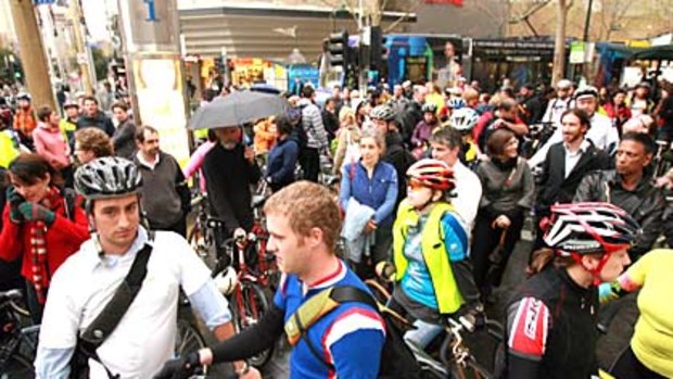 Cyclists protest on Swanston Street in September.