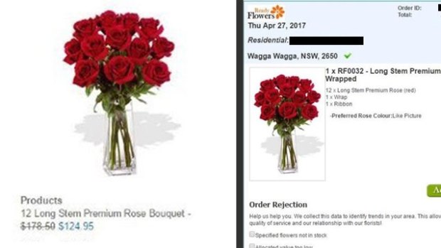 Left side shows a bunch of flowers ordered by a consumer for $124.95 and on the right is the price paid to the florist of $57.87. 
