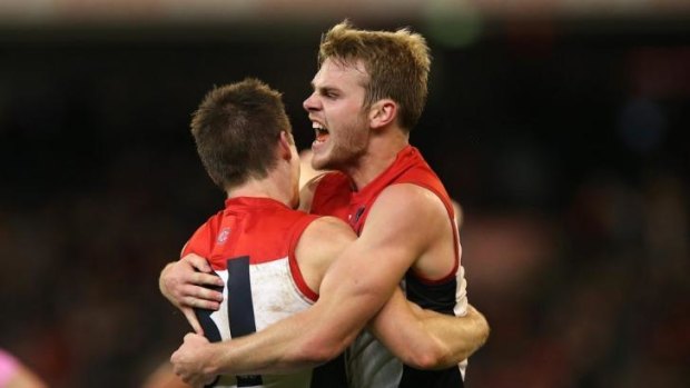 Jack Grimes and Jack Watts celebrate after the final siren on Sunday.