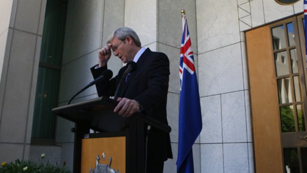 Prime Minister Kevin Rudd during a press conference at Parliament House yesterday.