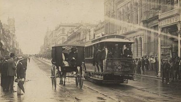 Police aboard a tram in Queen Street during the 1912 general strike.