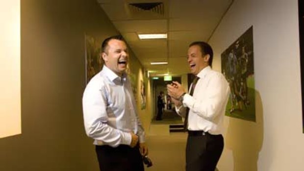 Only kidding ... Mark Viduka, left, shares a joke with his good mate Mark Bosnich at Fox Sports studios in Pyrmont last night.