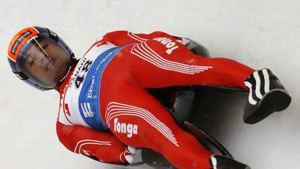 Tonga's 'Bruno Banani' during a practice session at the FIL Luge World Championships in Cesana Pariol, Italy.