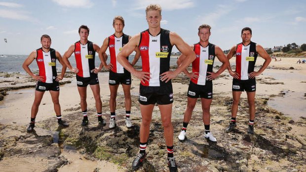 Chosen ones: St Kilda's leadership group - Jarryn Geary (left), Lenny Hayes, Sean Dempster, Nick Riewoldt, David Armitage and Leigh Montagna - at Brighton Beach on Friday.