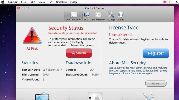 A screenshot of the Mac Defender malware installed on a Mac.