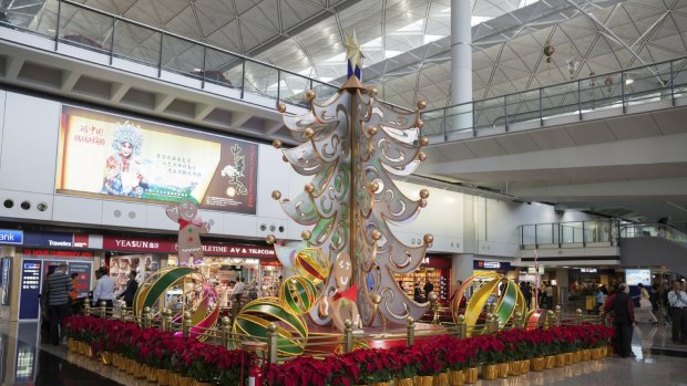 Sparkly: Hong Kong International Airport sports Christmas decorations.