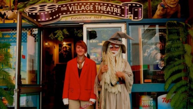On the map: Helena Ritchie as Bilbo and Piper Gardiner as Gandalf at the premiere of <i>The Hobbit, Battle of the Five Armies</i> at Takaka, Golden Bay, New Zealand.