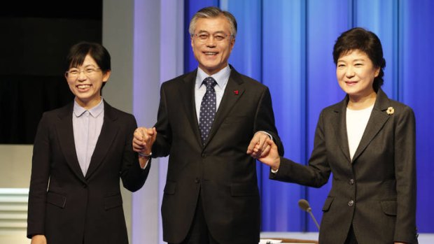 South Korea's presidential candidates, from left, Lee Jung-Hee, Moon Jae-In  and Park Geun-Hye.