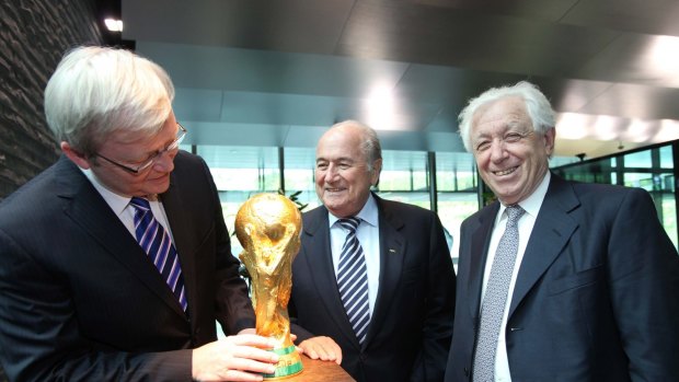 Then prime minister Kevin Rudd with Sepp Blatter and Frank Lowy at FIFA headquarters in Zurich in July 2009.