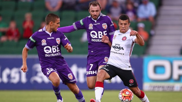 First of his kind: Wanderers local Jaushua Sotirio struts his stuff against Perth Glory.