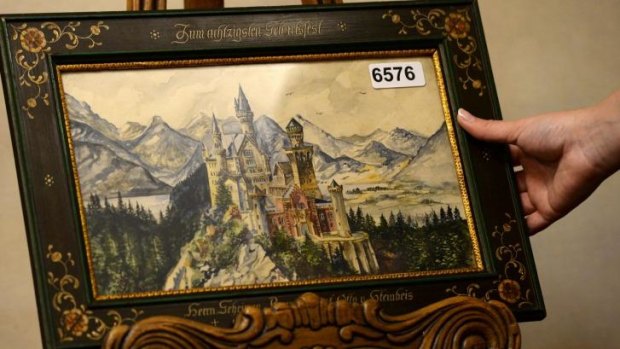 A painting of Neuschwanstein Castle, a watercolor signed 'A Hitler'.