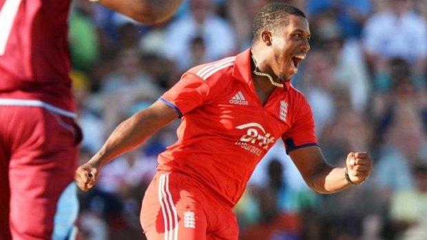 Man of the match: England allrounder Chris Jordan celebrates taking the wicket of Marlon Samuels.