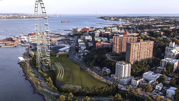 A giant observation wheel planned for New York's Staten Island is shown in this artist rendering. Dubai has announced plans to outdo New York's planned wheel with an even bigger 210-metre high structure.
