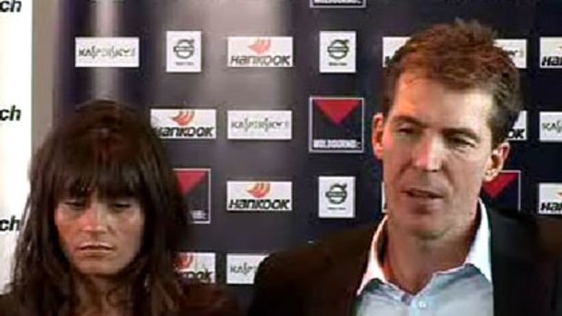 Cancer revelation ... Jim Stynes and his wife Sam at today's media conference.