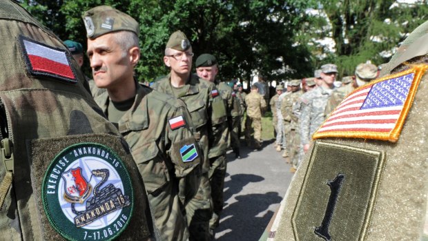 Polish Army and US Army soldiers attend the opening ceremony of the Anaconka-16 military exercise, in Warsaw, Poland.