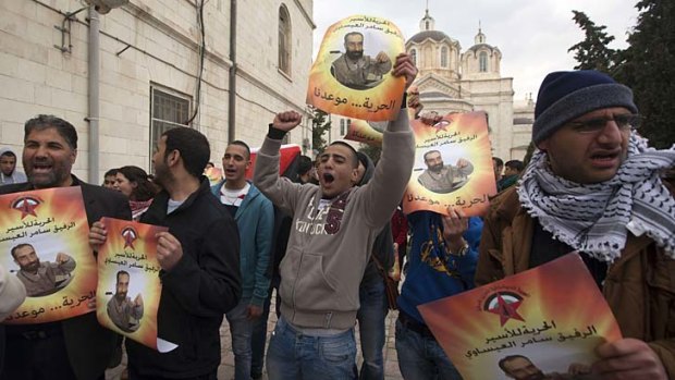 Supporters of Samer al-Issawi outside the Magistrates Court in Jerusalem.